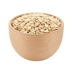 Rustic wooden bowl filled with healthy dry rolled oats, background removal
