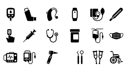 Medical device glyph icon set with 18 vector symbols including glucose meter, inhaler, hearing aid, wearable patch, blood pressure monitor, thermometer, and health technology tools