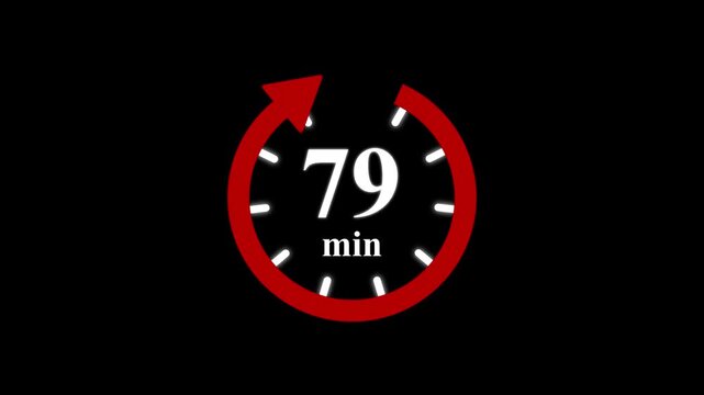Red clock with 79 minute and circular arrows timer animation on transparent background. Motion graphics of time count symbol