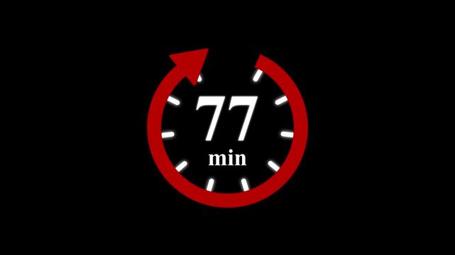 Red clock with 77 minute and circular arrows timer animation on transparent background. Motion graphics of time count symbol