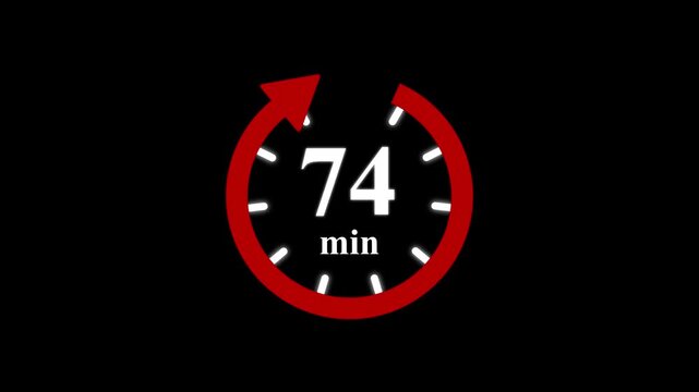 Red clock with 74 minute and circular arrows timer animation on transparent background. Motion graphics of time count symbol