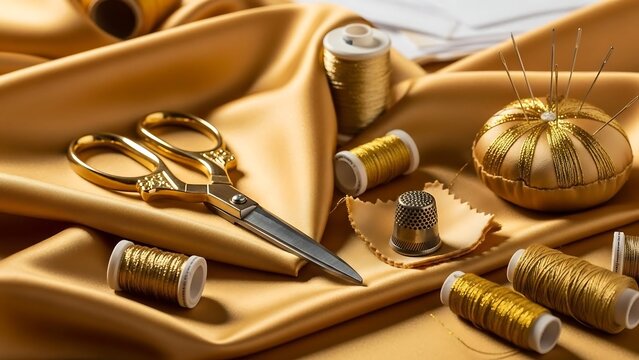 Sewing tools and golden threads on fabric.
