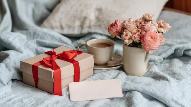 Thoughtful gift arrangement with wrapped present flowers and note on soft bed expressing care love gratitude and intimate personal celebration at home