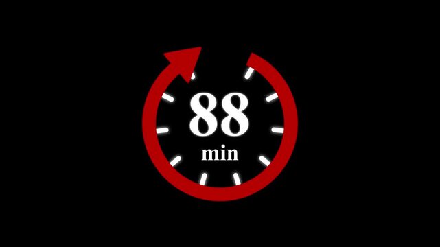 Red clock with 88 minute and circular arrows timer animation on transparent background. Motion graphics of time count symbol