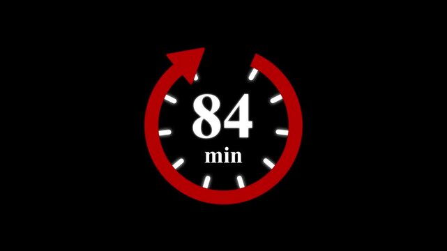Red clock with 84 minute and circular arrows timer animation on transparent background. Motion graphics of time count symbol