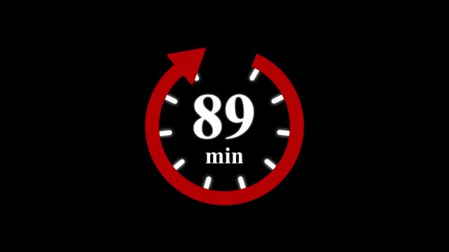 Red clock with 89 minute and circular arrows timer animation on transparent background. Motion graphics of time count symbol