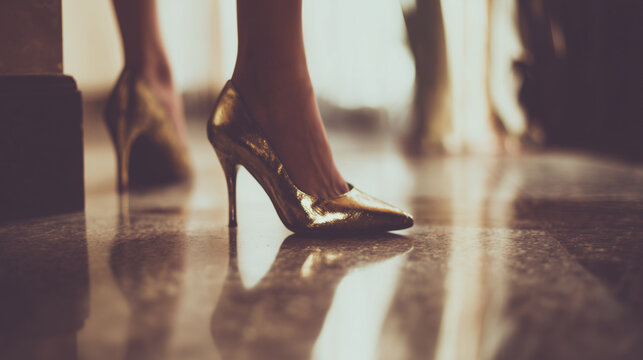 Gold High Heels On Polished Marble Floor During Evening Event, Stiletto Silhouette In Motion, Elegant Stride, Soft Reflections, Flowing Dress Hints, Ambient Lighting,