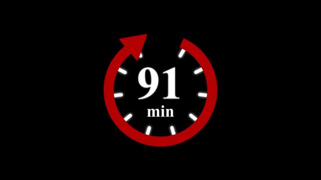Red clock with 91 minute and circular arrows timer animation on transparent background. Motion graphics of time count symbol