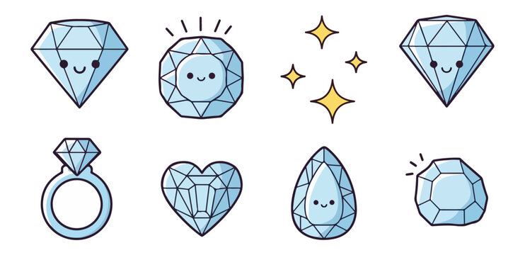 Cartoon diamonds with smiling faces and sparkles vector illustration