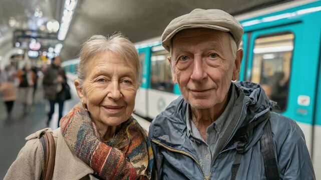 Happy elderly couple standing in subway station. Senior citizens enjoying urban lifestyle. City transport concept. Turquoise metro train in background.