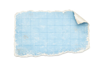 Torn blue grid paper piece with ripped edges and curled corner presenting an aged vintage notebook scrap on transparent background