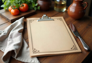 Fototapeta premium Rustic restaurant menu mockup on wooden desk with linen napkin, cozy mood
