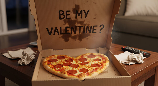 Heart shaped pepperoni pizza in box with be my valentine text written on grease stain lid. Casual romantic dinner date at home. Fast food delivery concept for couple movie night scene - Powered by Adobe