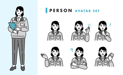 作業着の女性のアバターセット