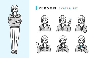 ヘルメットをかぶった作業着を着た女性の管理職のアバターセット