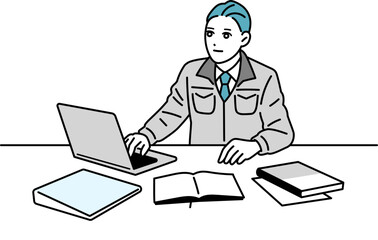 デスクで作業をしている作業着の男性のイラスト