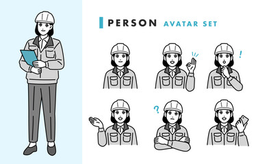 ヘルメットを被った作業着の女性のアバターセット