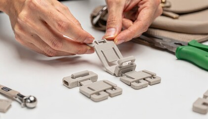 Fototapeta premium Closeup medium frame showing hands assembling matte polymer 3Dprinted clasps highlighting lightweight and customizable design features for ecofriendly handbag production.
