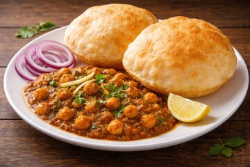 Delicious plate of chole bhature with garnishes