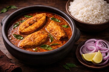 Delicious Indian Fish Curry with Rice and Garnishes