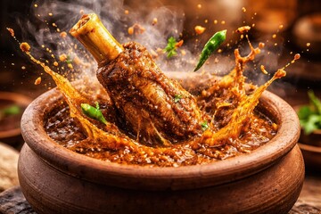 Mouthwatering lamb shank in clay pot with sauce