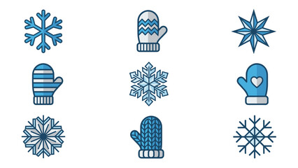 Fototapeta premium Collection of 9 Winter Icons Featuring Unique Snowflakes and Cozy Mittens in a Clean Blue and White Geometric Style, Perfect for Seasonal Holiday Graphic Design, Web UI Elements, and Festive Decor.