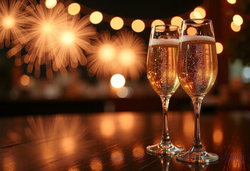 New Year’s Eve with fireworks reflections, festive night mood