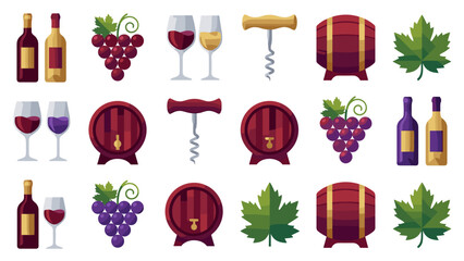 Obraz premium Wine collection icon set. Bottles glasses grapes barrel corkscrew vineyard elements. Winery viticulture drink alcohol beverage tasting cellar vintage flat vector graphic