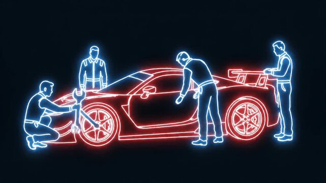 Neon Car Crash Rescue Scene With Silhouetted Figures.