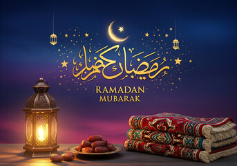 Realistic ramadan background with mosque moon stars lantern and bokeh. Generative AI.
