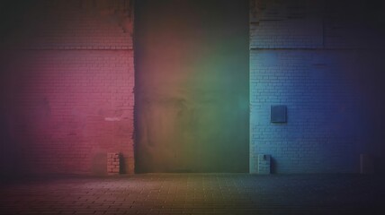 Colorful urban alleyway with brick walls and paved floor at night , alleyway, urban, brick, wall, paved, floor