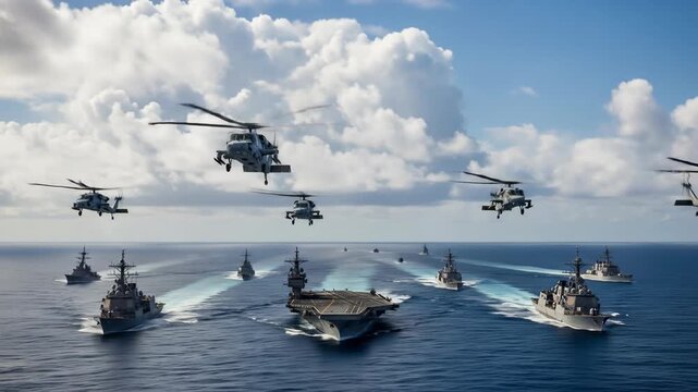 Aerial View of Navy Fleet Formation with Aircraft Carrier and Helicopters Under Bright Blue Sky for Naval Event