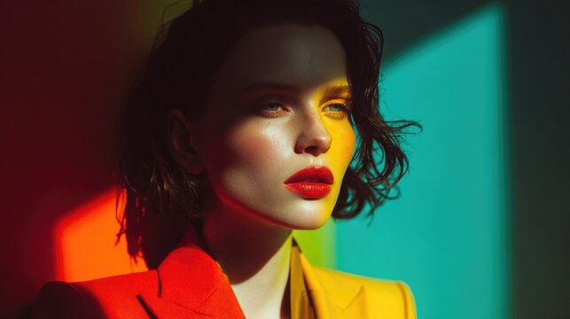 Vibrant portrait with colorful shadows on face and bold fashion.