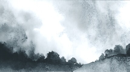 Beautiful black and white watercolor painting of a serene mountain landscape scene