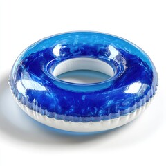 Inflatable pool float with blue design on a white background.