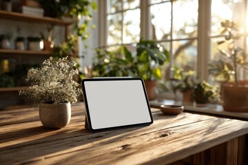 Cozy workspace with tablet and plants in a sunlit environment.