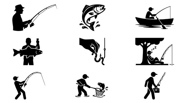 Gone Fishing People Silhouettes Vector Set: Fisherman Casting, Catching, Relaxing under Tree, Boating, Netting, Walking, and Holding Big Trophy Fish for Sport Hobby Icon