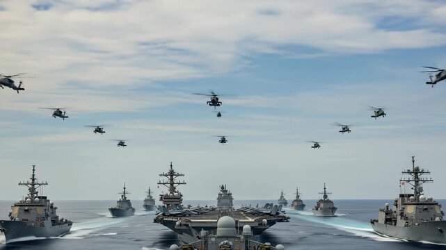 Indian Navy Day Fleet Review Aircraft Carrier with Helicopters and Frigates in Formation, Celebrating Naval Power