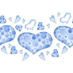 Naklejka premium Watercolor Blue Polka Dot Heart Border. Seamless watercolor heart border with blue polka dot textures and small hearts. Ideal for Valentine Day designs, stationery, wedding, scrapbooking