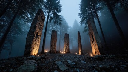 Mysterious stone circle surrounded by foggy forest scenery.