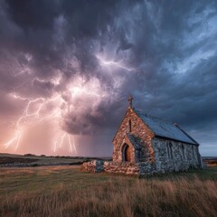 Dramatic storm clouds over an isolated stone chapel.