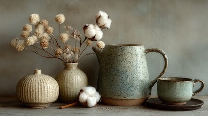 Elegant pottery display with dried flowers and cotton accents.