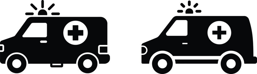 Two black silhouette ambulance icons with medical cross symbols and sirens on a white background © Tusher