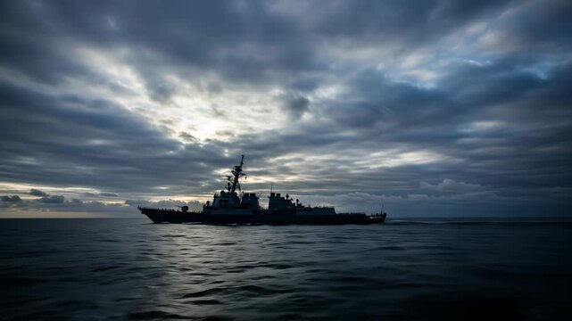 Silhouette of Guided Missile Destroyer at Sea During Dusk, Evoking Naval Power and Maritime Defense