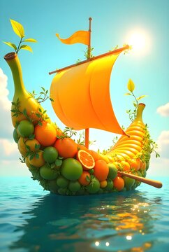 tropical island with a tropical island and fruit boat on sea