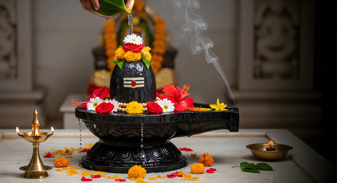 Decorated Shiv Linga with flower and water pouring on Maha Shivratri