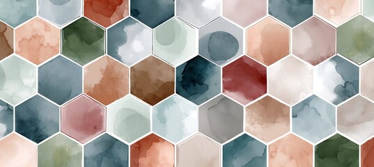 Seamless pattern of colorful pastel watercolor hexagons arranged in a soothing design