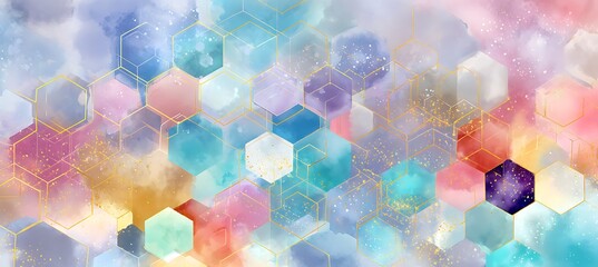 Vibrant hexagonal shapes in pastel colors with golden accents and cloudy background