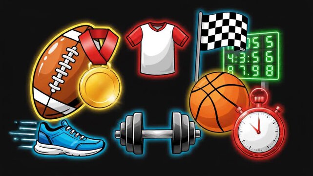 Dynamic sports equipment collage with football basketball stopwatch and dumbbells.