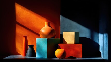 Colorful geometric shapes and vases with dramatic lighting effects.